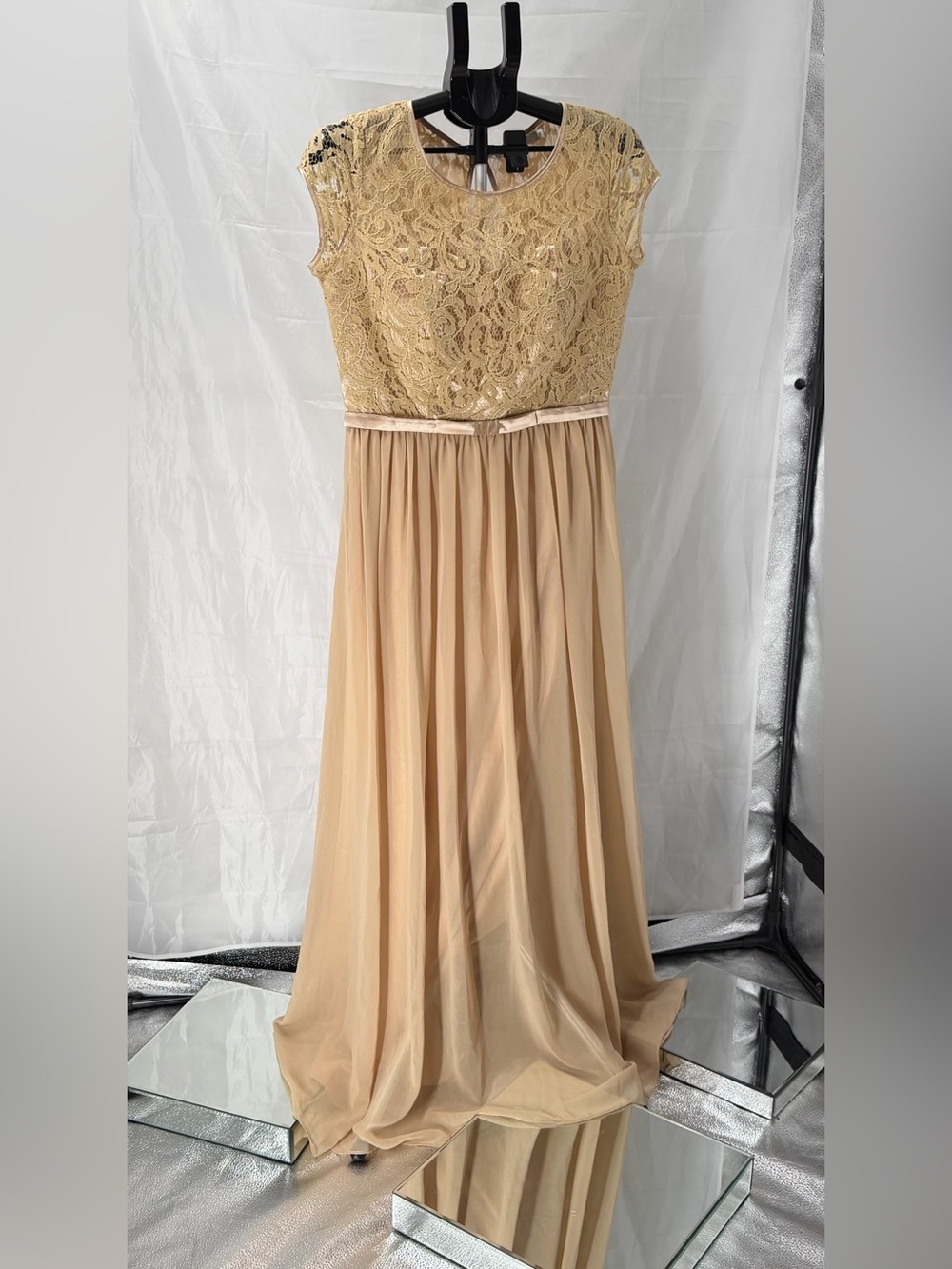 ELEGANCE Tan & Gold Lace Satin Chiffon Wedding Guest Mother Of Bride Gown Nwt 14
